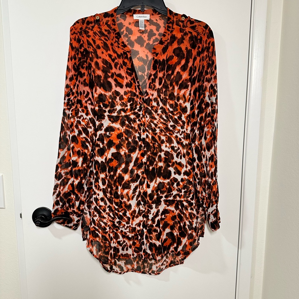 Calvin Klein Orange and Black Leopard Print Sheer Button Blouse